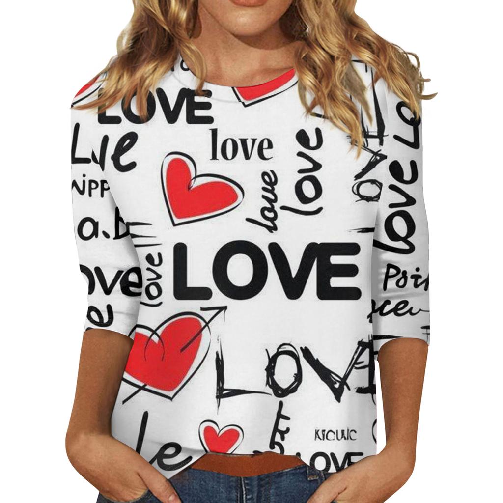 Damen Valentinstag Print Mode Lässig 3/4 Ärmel Rundhals Oberteil