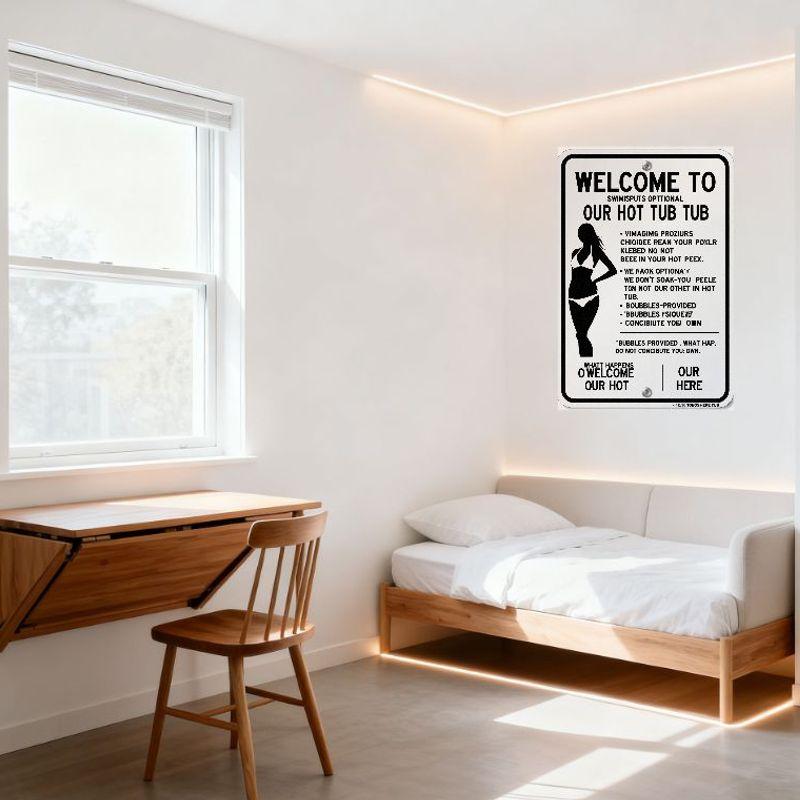 Welcome To Our Hot Tub Tub Swimsuit Optional Metal Sign - Humorous Satirical Tin Sign for Home Bar Wall Decor with Nonsensical B