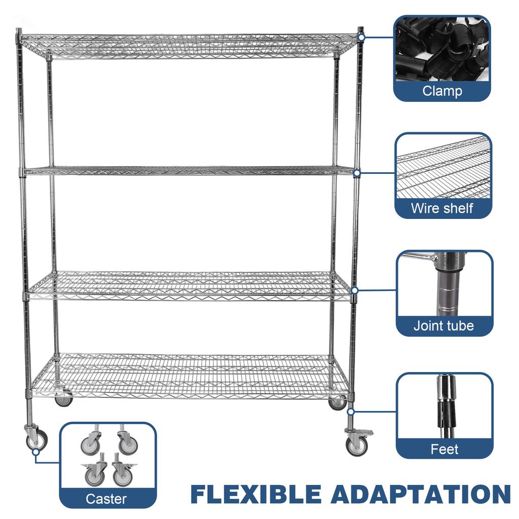 5-Tier 70.87x59.76x23.98in Heavy Duty Steel Storage Rack with Wheels Rolling Storage Shelf for Warehouses Closets Kitchen School