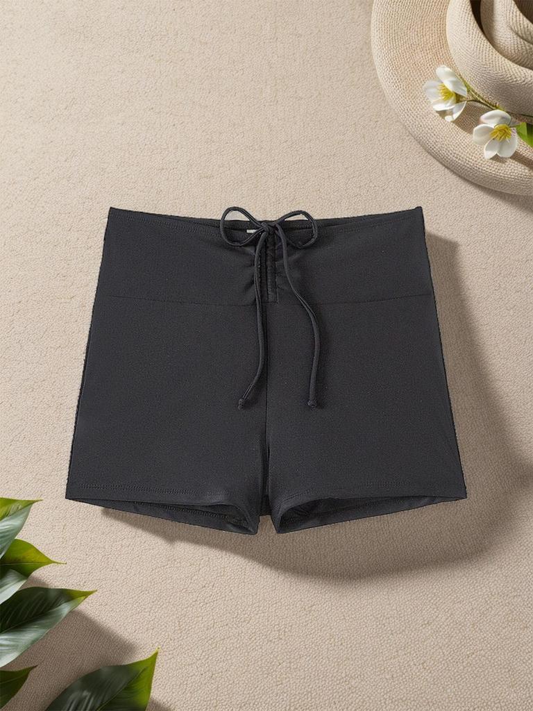 2025 European & American Solid Color Drawstring Bikini Swim Trunks for Women