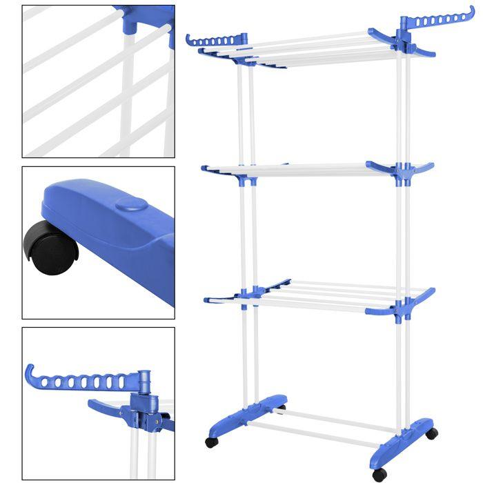 Séchoir à linge sur roulettes - SPRINGOS - 4 niveaux - Ailes pliables - Capacité 15 kg - Compact