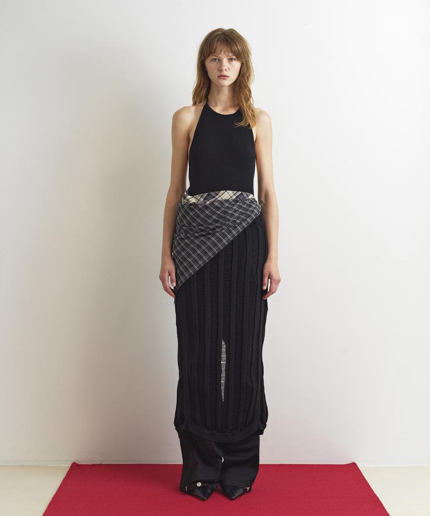 Aobteu Layered Halter Neck Knit Dress - Black