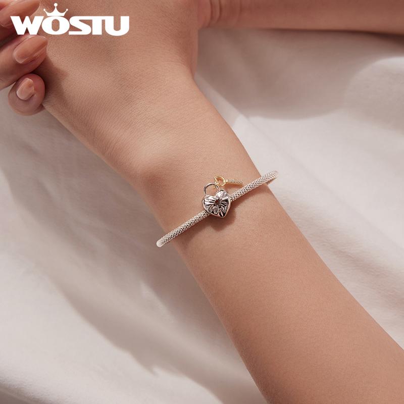 WOSTU Original Lock Key Charm Heart Spacer Bead Pink Zircon Safty Chain Platinum Plated Love Series Fit DIY Bracelet Wholesale