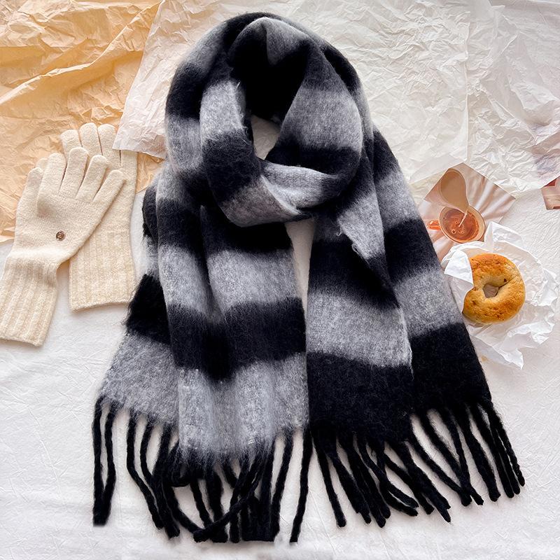 Retro wool scarf women's winter high-end sense versatile striped color matching warm knitted thickened scarf