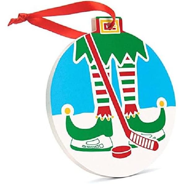ChalkTalkSPORTS Hockey Round Ceramic Ornament | Jingle All The Way Hockey Elf
