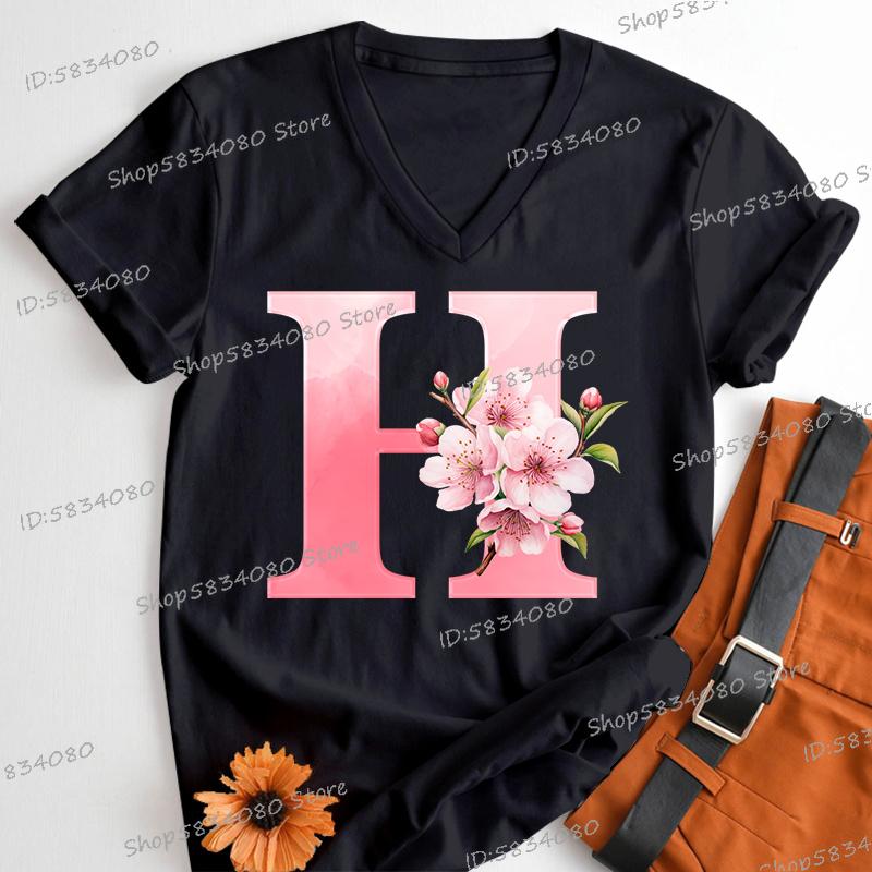 Pink Sakura Alphabet Shirts Gift for Women Letter S Floral Monogram Cartoon Tshirt Cherry Blossom Letters A B C D Casual Tops
