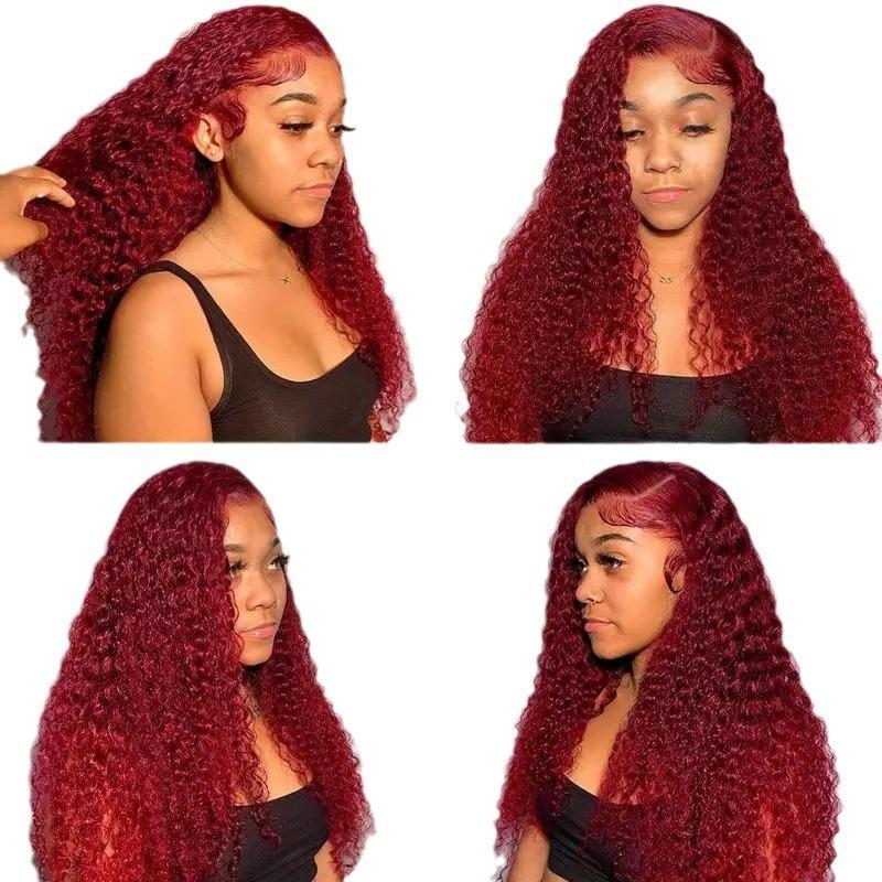 Wine Red Synthetic Lace Front Curly Wig Women Long Hair With Natural Bangs Heat Resistant Fiber