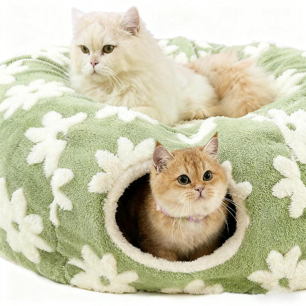 Cat Bed Tunnel Washable Soft Plush Cave With Ball Flower Design Interactive Cat Donut Tunnel For Crawling Scratching Teething