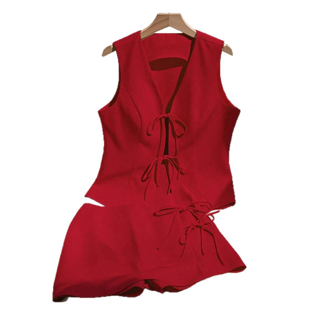 Women Sleeveless V Neck Backless Bow Tie Peplum Top High Waist Shorts Set Solid Color Casual Summer Two Piece Set
