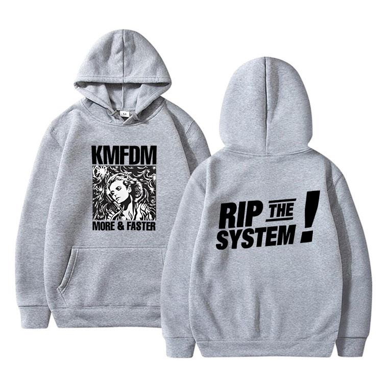 Bluza z kapturem męska z polaru w stylu vintage hardcore alternatywny rock Kmfdm More and Faster Rip The System w modzie oversize