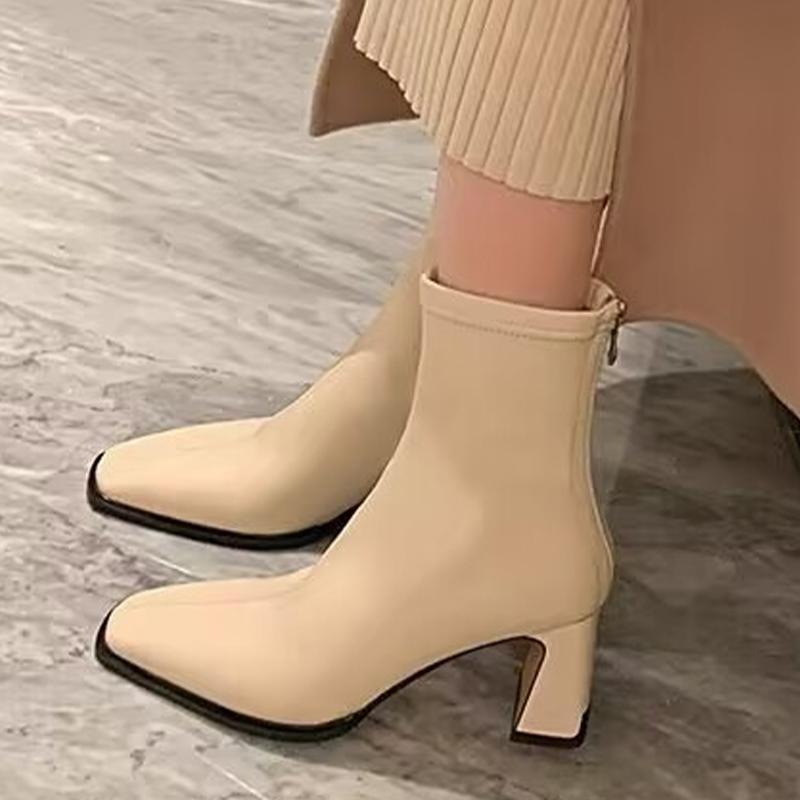 

Ботильоны зимние женские туфли кожаные квадратные носки высокие каблуки сексуальные туфли 2025 тренд мода массивные туфли готические Chelea Botas Mujer 40 покинуть белый