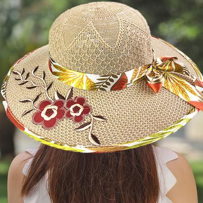 1 chapeau de soleil portable à broderie de fleurs pour l'extérieur, large bord, en fil de coton, respirant et pliable
