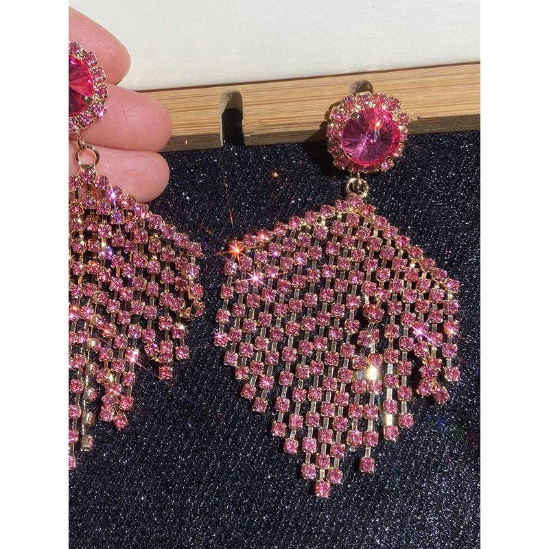 Jiao Jiao Same Geometric Rose Red Stud Earrings Pink Rhinestone Tassel Drill Chain Exaggerated Earrings Fashion Face Slimming Earrings