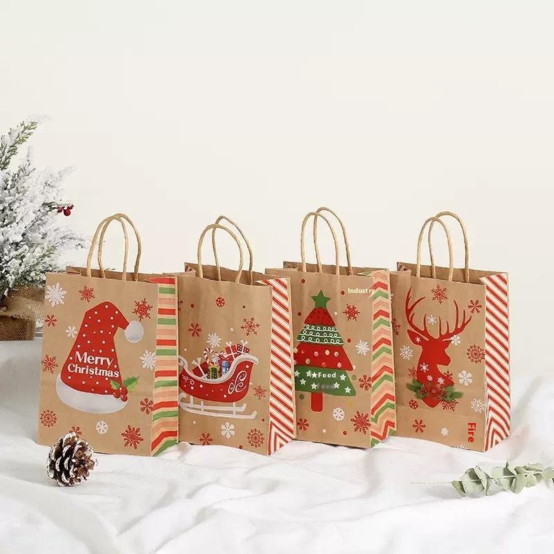 4-Pack Small Christmas Gift Bags, Red Christmas Tree, Santa Hat, Portable Kraft Paper Bags, Party Bakery Store Gift Packaging