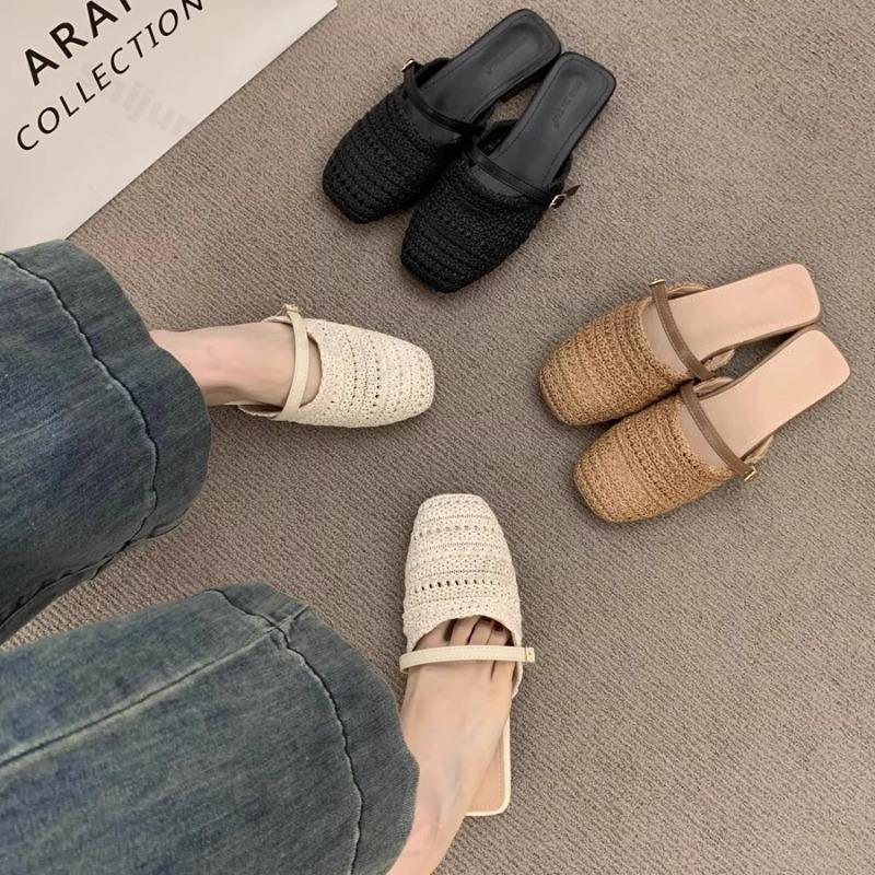 Fashion 2025 Summer Thick Heel Fashion Hollow Women's Toe Half Slippers Comfortable Outdoor Beach Casual Woven Fesign Wedge Heel Sandals