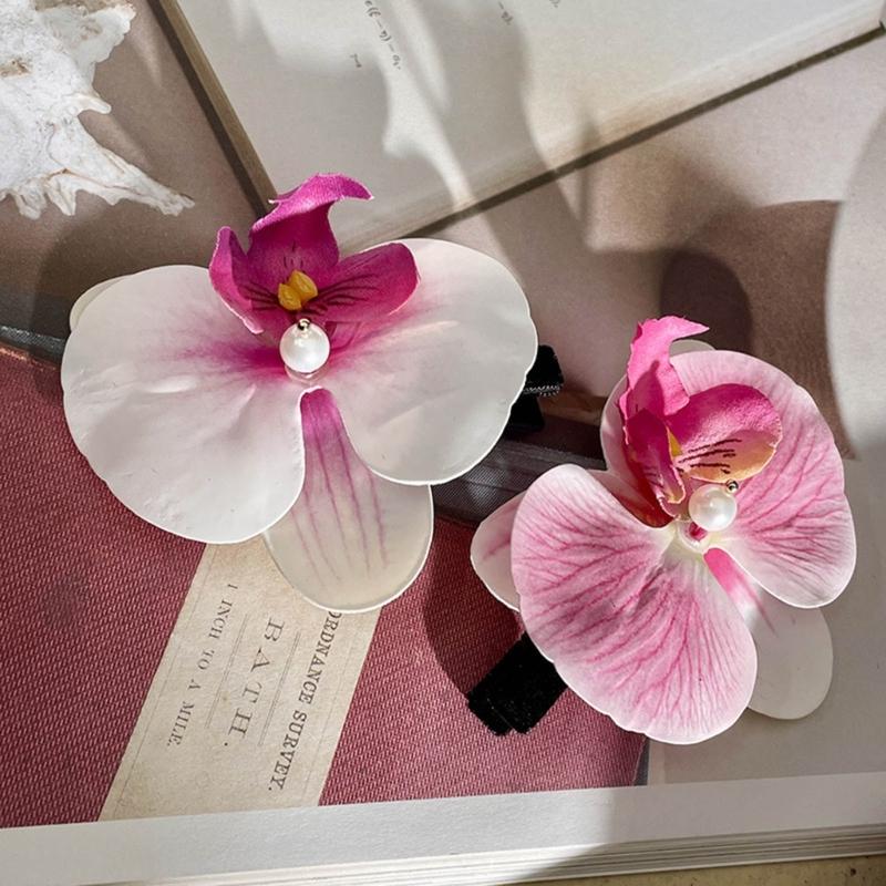 Set of 2 French Floral Hair Grip Pink Orchids Flower Hairpin Stylish Hair Grips for Girl Sweet Side Barrettes Jewelry