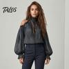 Legere Blusen Damen Herbst Cold Shoulder Shirt, Vintage Ethno-Print Hoher Weicher Hemdkragen Bluse, Rüschen Laternenärmel Oberteil Lang