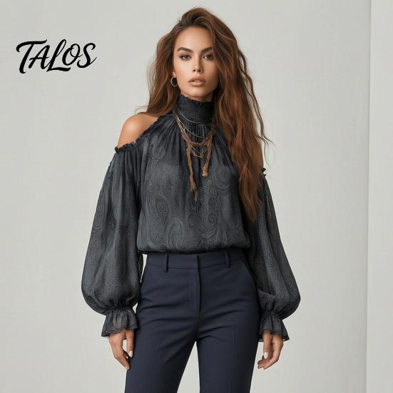Legere Blusen Damen Herbst Cold Shoulder Shirt, Vintage Ethno-Print Hoher Weicher Hemdkragen Bluse, Rüschen Laternenärmel Oberteil Lang