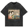 100% Cotton Tee Shirt Funny Japanese Style Cartoon Cat TShirts Retro Men/women TShirt Vintage Oversize Mineral Wash Tops