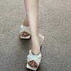 Women Slides Square Toe Kitten Heels Sandals Pleated High Heels Slippers Lady Fashion Casual Shoes Summer Apricot Silver