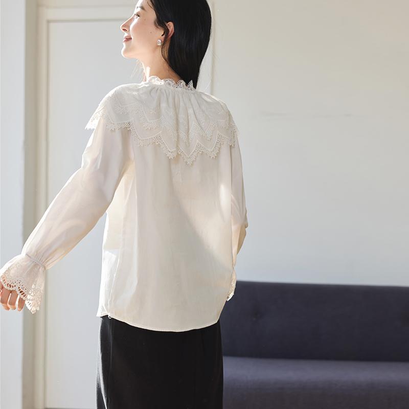 Spring "Bohemian" series gentle fairy style top sweet lace doll collar tied shirt
