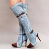 New denim boots with high heels, fashionable knee length women's boots, autumn and winter denim high heels, sexy buttons