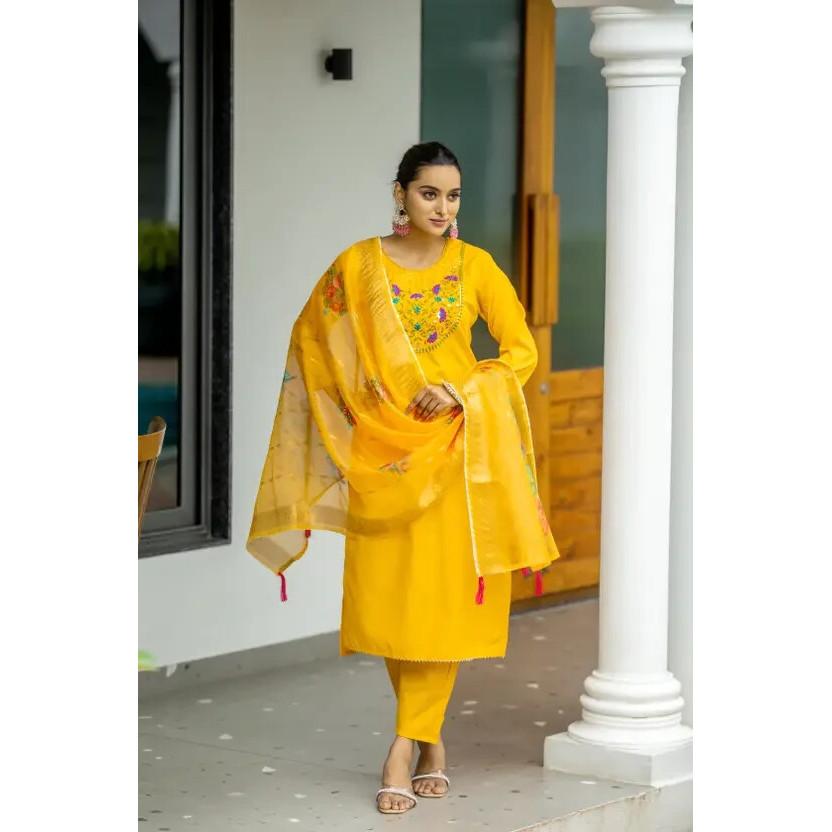 Indian Pakistani Women Cotton Rayon Kurti Pant Dupatta Set Salwar Kameez Dress SC-2247
