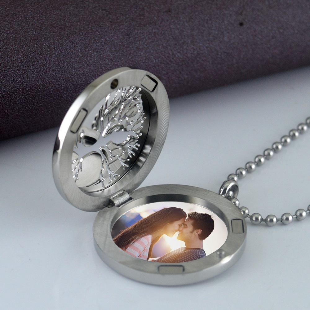 Personalized Round Photo Locket Necklace - Tree of Wisdom Pendant In Titanium Steel (STN653)
