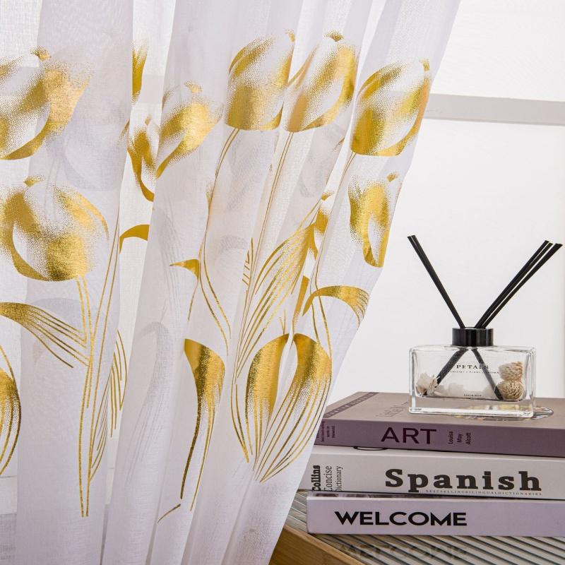 2pcs/set Tulip Gold Foil Sheer Curtains – Floral Semi-Blackout Window Curtains, Rod Pocket Home Decor