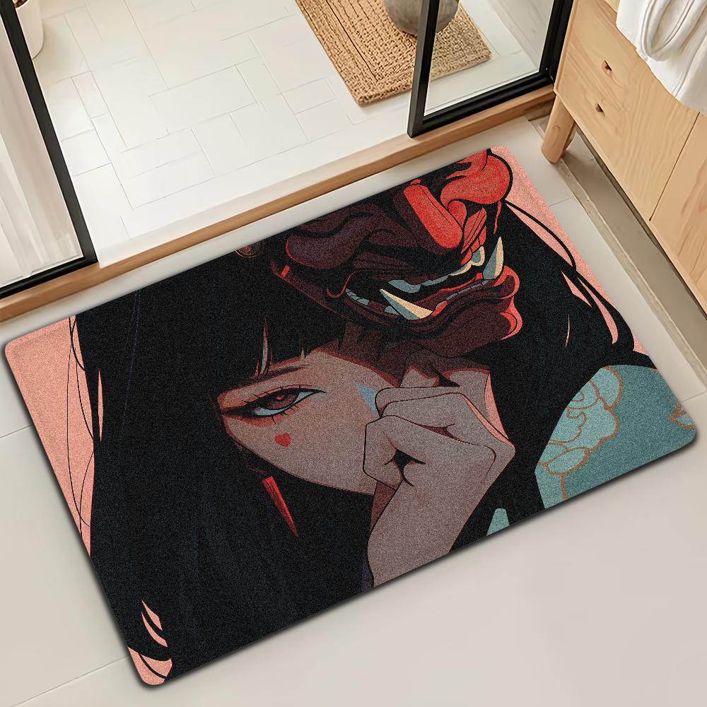 Japanese Samurai Oni Mask Girl Door Mat Bath Microfiber Decorative Versatile Flannel Floor Mat Quick Dry Absorbent Non-slip Sole