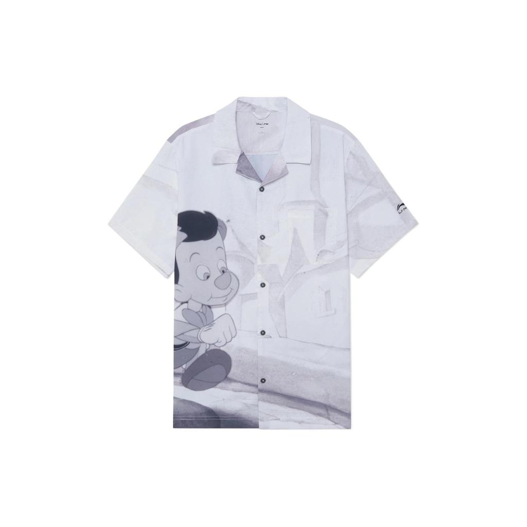 Li-Ning X Disney Pinocchio Collection Cartoon Print Casual Short Sleeve Shirt Men Tops White Sand Gray ASHS431-1
