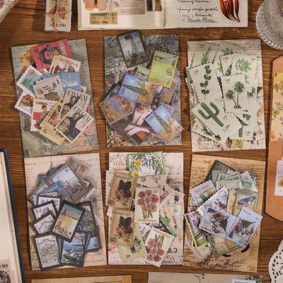 1 balení/48 ks Známky Samolepky retro literární dekorační materiál DIY diář karta koláž krajinné samolepky samolepicí těsnící samolepky