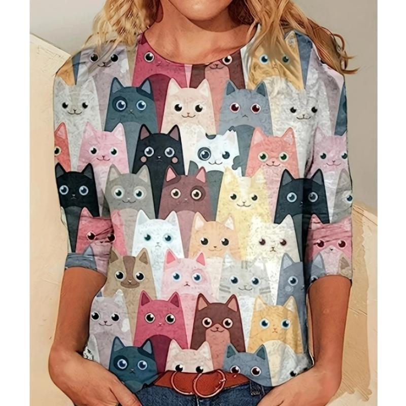Casual Harajuku Long Sleeve T-Shirt with 3D Cat Print and Round Neck