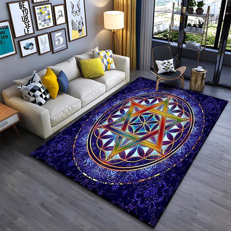 Area Rug, Star of David Flower of Life Sacred Geometry Blue Gold Rainbow Print, Meditation Room Decor, Non-Slip Mat