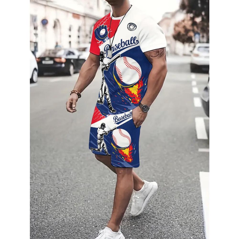 Trendy Two-Piece Set for Men Featuring a Summer Baseball Theme, Including a Round Neck T-Shirt with Short Sleeves And Matching Shorts S