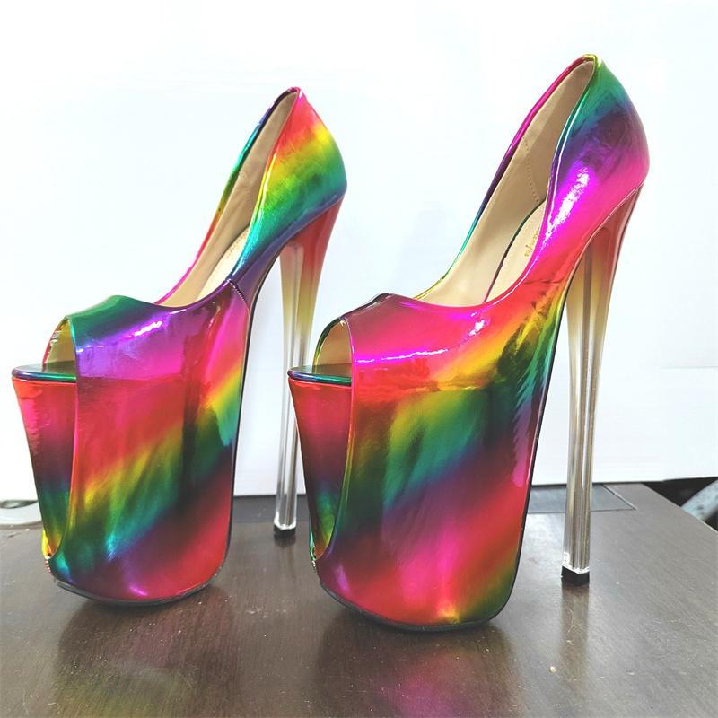 Crossdresser Sexy Stilettos 19 22cm Thin High-Heeled Patent Leather Platforms Shoes Woman Evening Party Peep Toe Pink Pumps