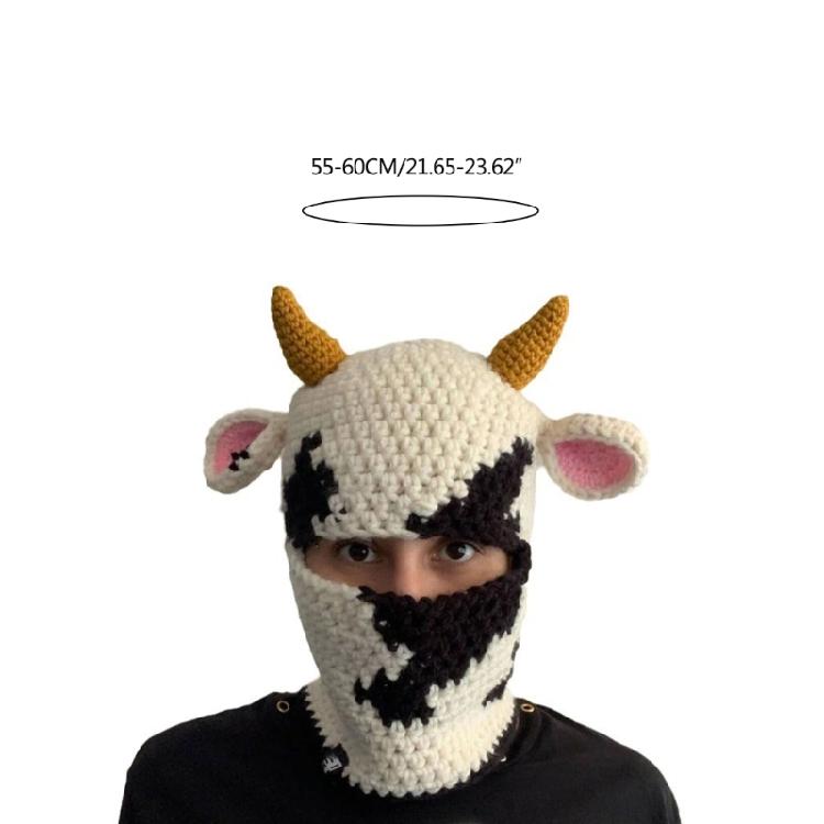 Knit Balaclava Cap Adult Prank Beanie Hat Cow Headcover Halloween Facecover Hat