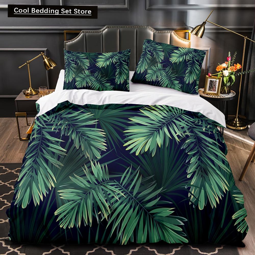 Tropical Plants Floral King Queen Duvet Cover Green Palm Leaves Bedding Set Cream-colored Flowers 2/3pcs Polyester Quilt Cover