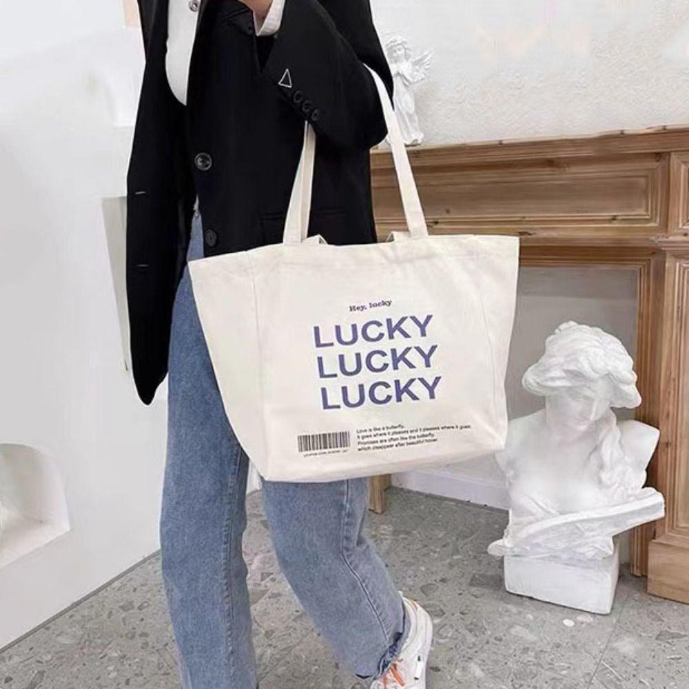 Shopping Literary Canvas Shoulder Bag Large Capacity Underarm Bag Letter Print Tote Bag Travel