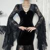Women's Velvet V-Neck Sleeve Dress with Lace Trim, Dark Gothic for Halloween