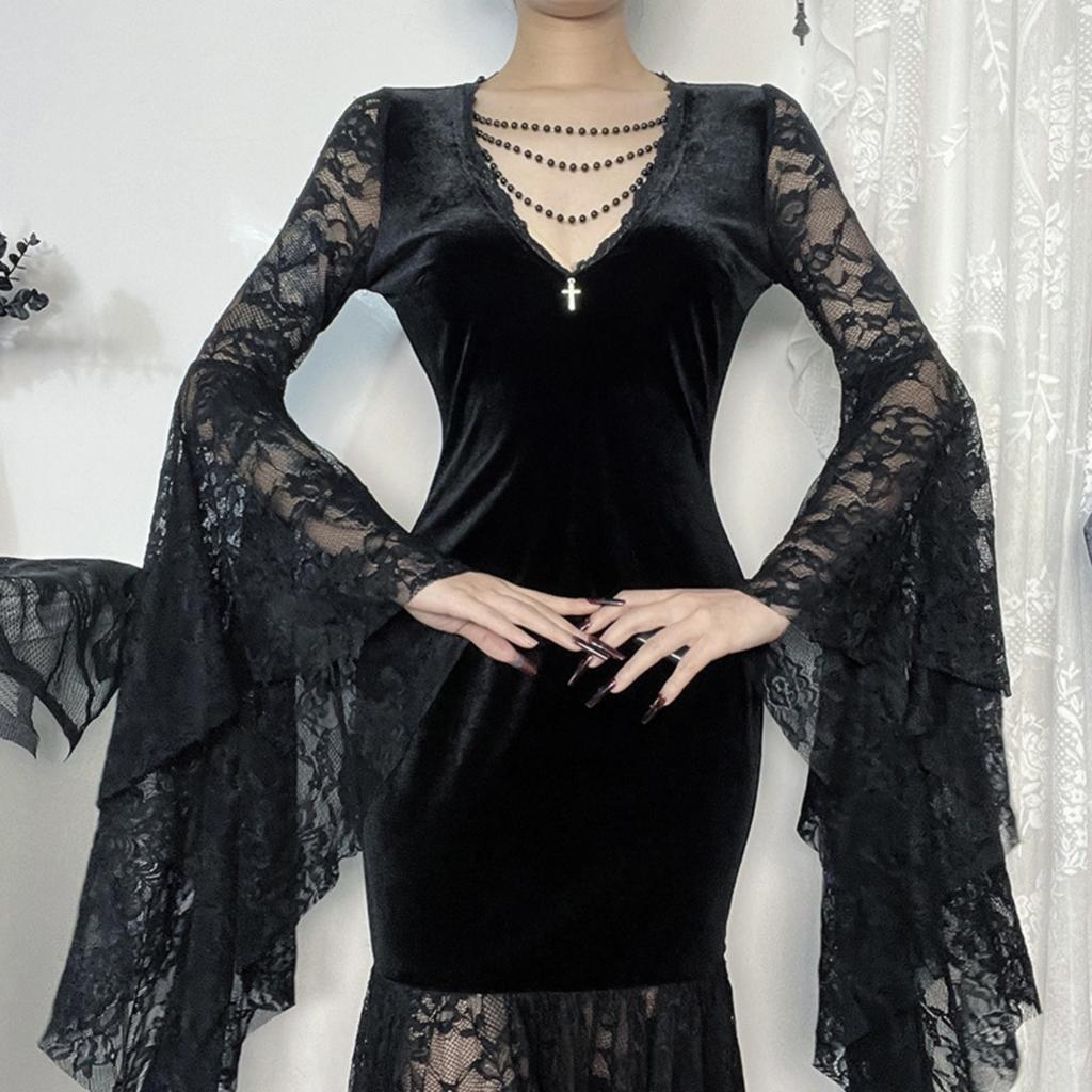 Women's Velvet V-Neck Sleeve Dress with Lace Trim, Dark Gothic for Halloween