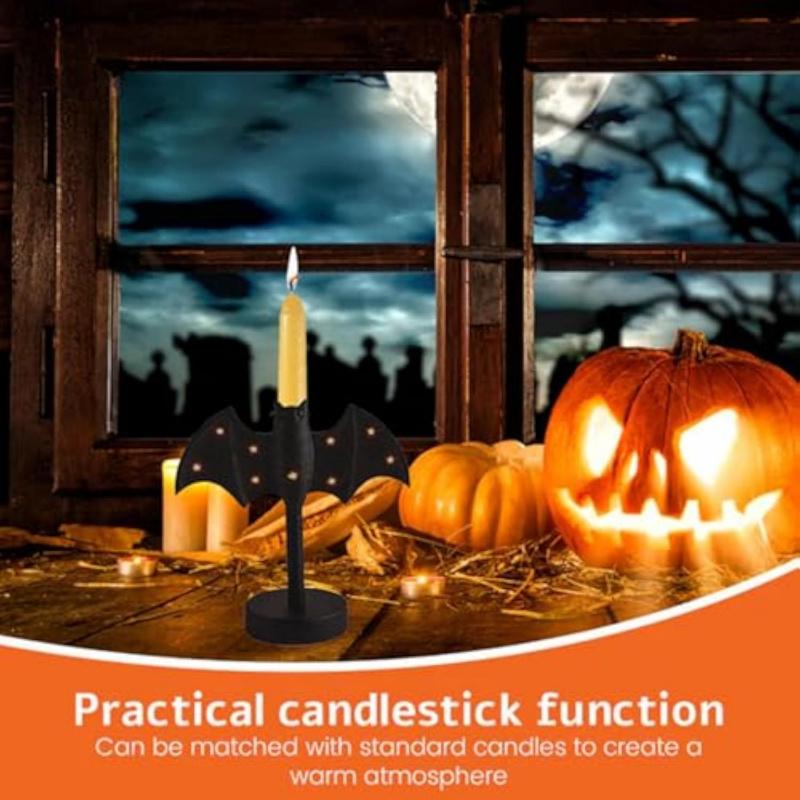 Glitter Bat Candle Holder,Halloween Candle Holder Centerpiece with LED Flash Lamp,Gothic Bat Candle Holder Fireplace Decoration