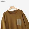 ZANZEA Women Casual Round Neck Long Sleeve Loose Splice Sweatshirts