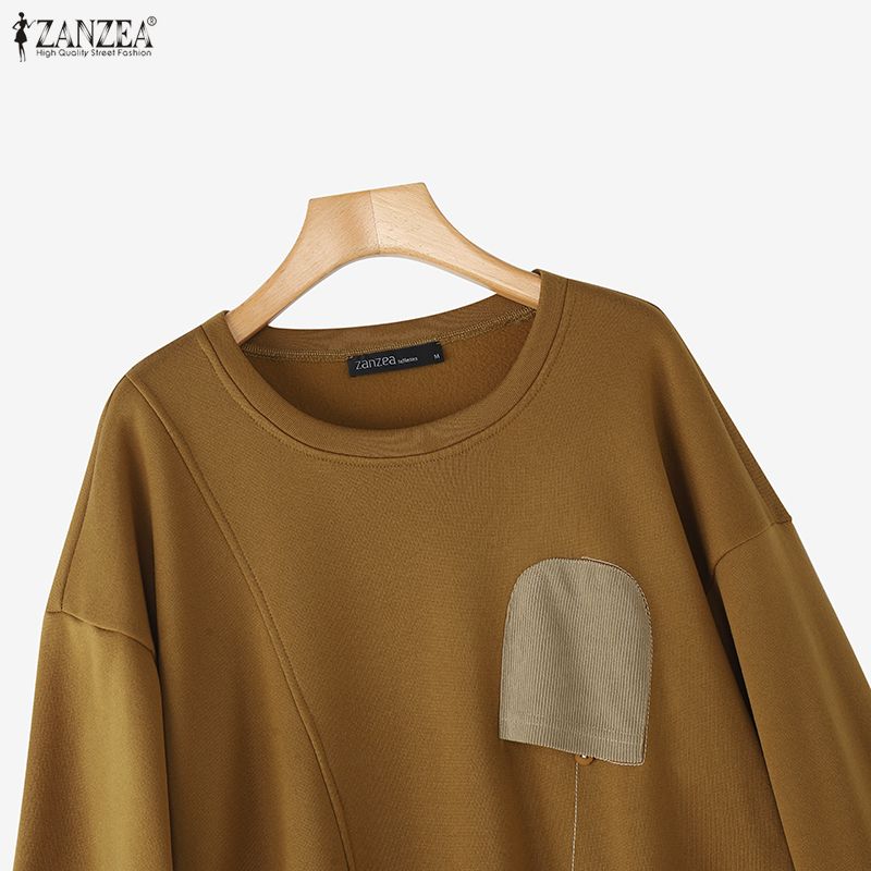 ZANZEA Women Casual Round Neck Long Sleeve Loose Splice Sweatshirts