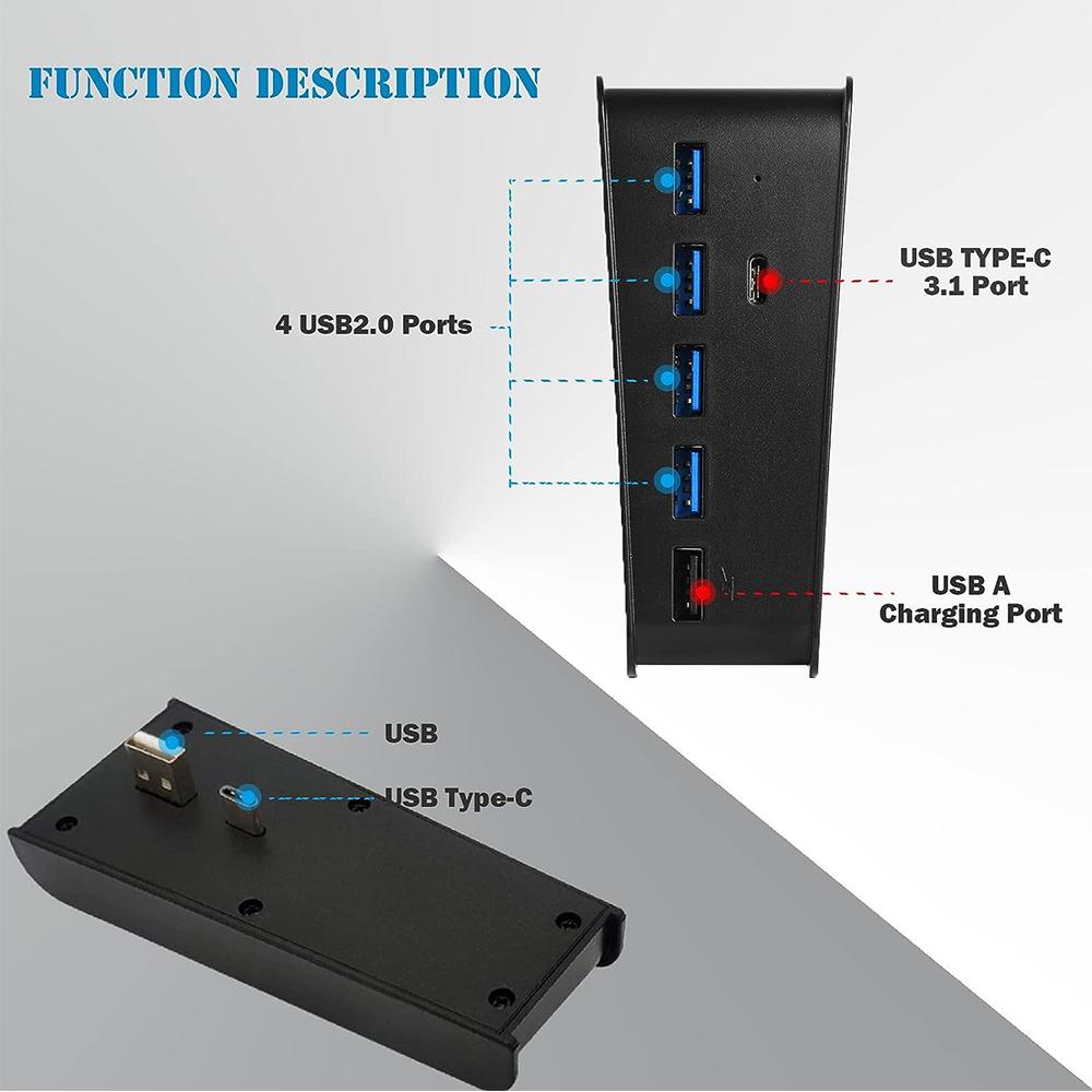 Hub Adapter for PS5 Console with 5 USB Ports+1 Type C Port, Black