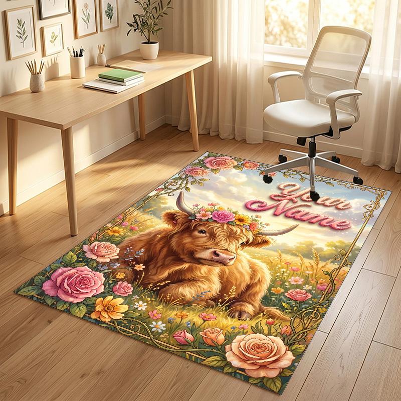 Cow Highland Theme Crystal Velvet Rug Personalized Custom Name Text Soft Floor Mat Home Decor