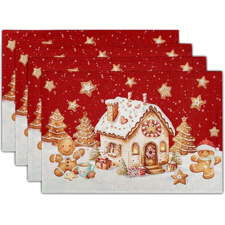 Xmas Placemats Set of 4 Gingerbread Man House Washable Heat Resistant Rectangle Dinner Mats for Party Kitchen Dining Decoration 12x18 Inch