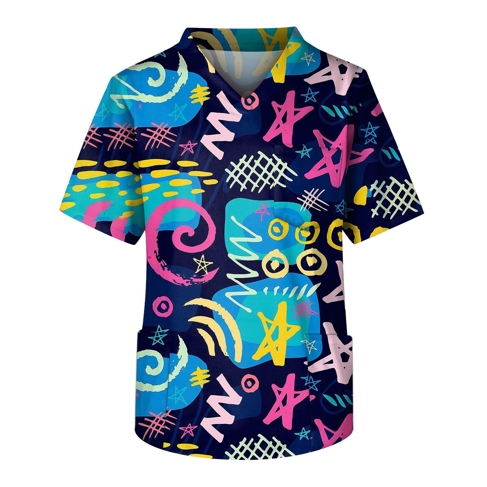 

Мужская рабочая блузка с короткими рукавами и v-образным вырезом с принтом, топ с нагрудным карманом L