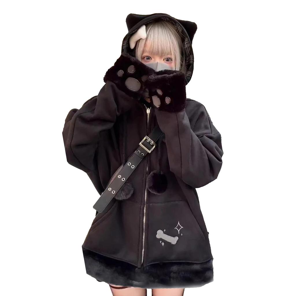 Hoodie with Cat Ears and Subculture Style Sickly Long Y2K with Check Cross [XHSUKADO] Zip-up Claws, Top, Women's Clothing, Cute, Sleeve, Spring,