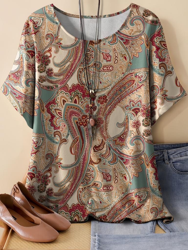 Vintage Paisley Graphics Women's Short Sleeve T-Shirt Ethnic Style O-Neck Y2k 3D Printed Top Tees Summer Loose Women's Clothing